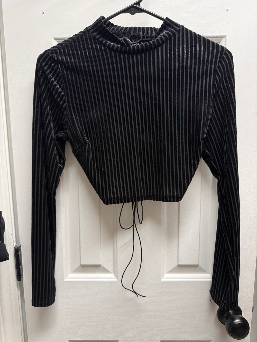 Windsor Black Ribbed Velvet Long-Sleeve Crop Top